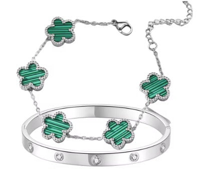 Elegant Clover Charm Bracelet Set – Sterling Silver with Green Enamel
