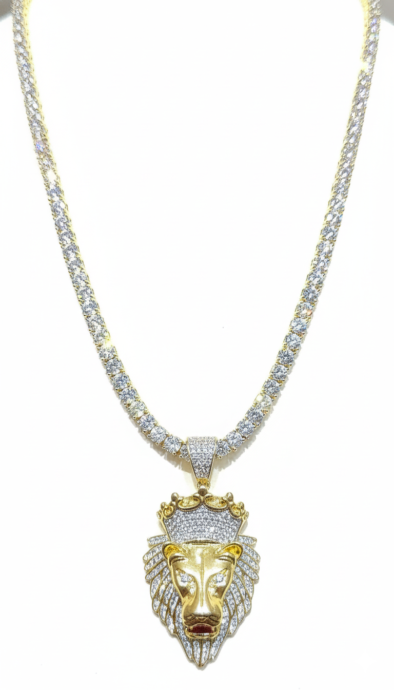 Sentiment Jewels™ Unisex Iced Brass Lion Pendant Necklace with Tennis Chain