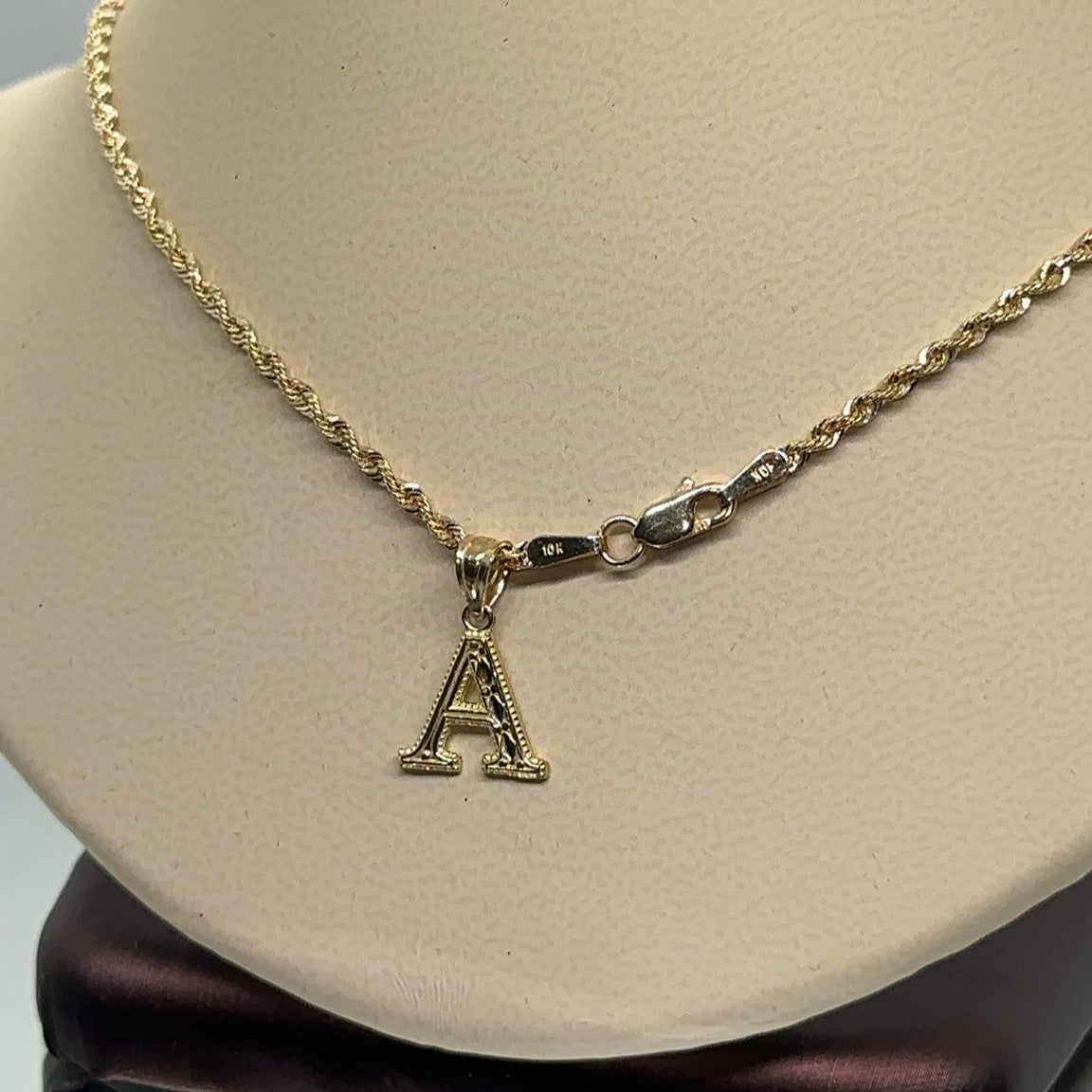 10K Gold Rope Chain Necklace – Letter "A" Charm