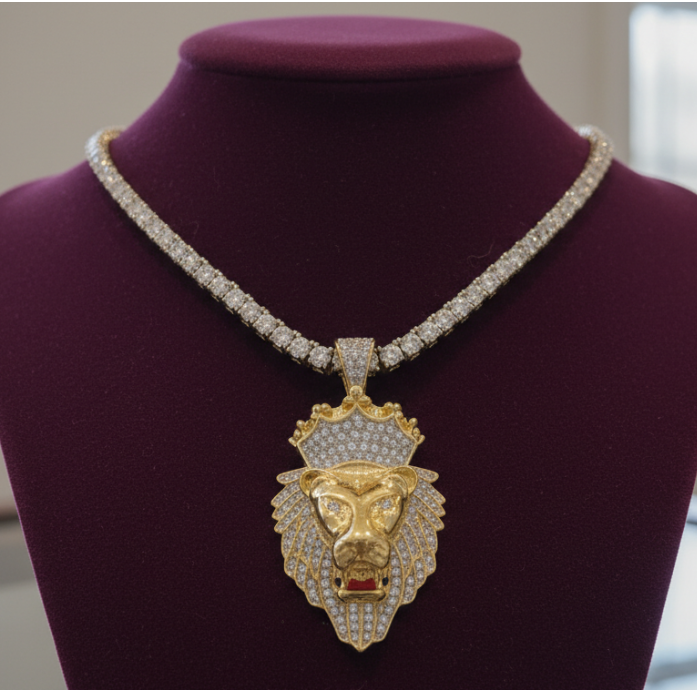 Sentiment Jewels™ Unisex Iced Lion King Pendant Necklace – Bold Gold-Tone Brass with Full Pavé Sparkle on Tennis Chain